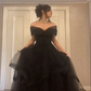 Black Off Shoulder Sweetheart Tulle Prom Dress, Black Tulle A-Line Party Dress       fg5045