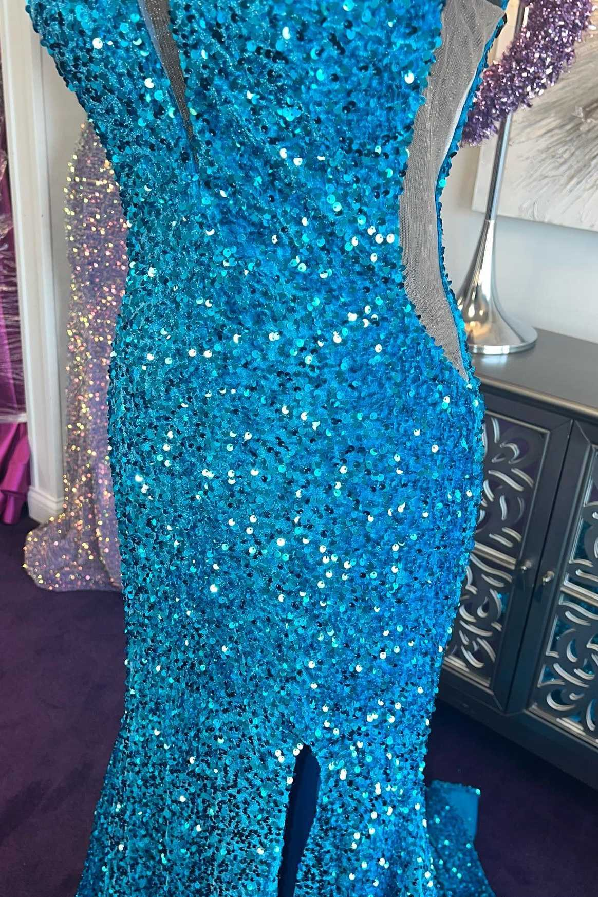 Blue Sequin Plunge V Mermaid Long Prom Dress with Slit      fg5308