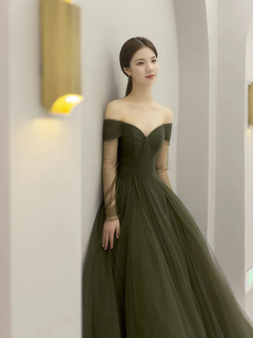 Green Tulle Long A-Line Prom Dress, Off the Shoulder Long Sleeve Tulle Party Dress       fg5227