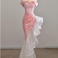 Lovely Pink Sequins Velvet High Low Prom Dress, Pink Mermaid Off The Shoulder Party Dress  fg4885