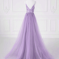 A-line Tulle Lavender Beaded Long Prom Dress, Lavender Tulle Formal Dress      fg5414