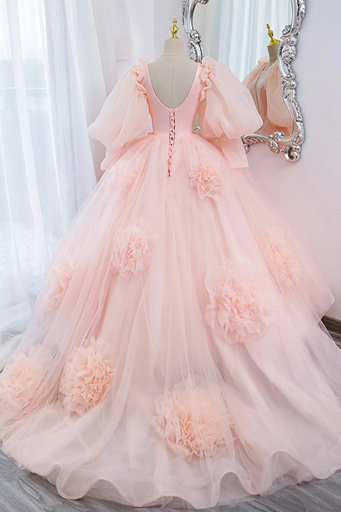 V-Neck Tulle Long Prom Dress, A-Line Puff Sleeve Princess Dress     fg5705