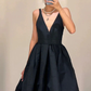 V Neck Black Backless Satin Short Prom Dresses, Open Back V Neck Short Black Formal Evening Homecoming Graduation Dresses      fg6031