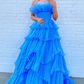 A-line Off-the-Shoulder Pink Ruffle Layers Tulle Long Prom Dress     fg3628