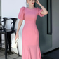 Classy Pink Puff Sleeves Mid-length Prom Dress,Pink Evening Dress    fg4680