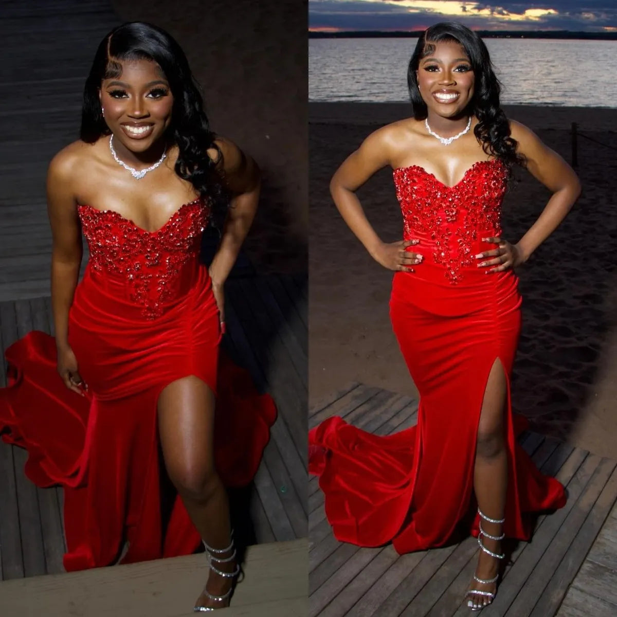 Beaded Mermaid Prom Dress Red Sweetheart Evening Gown   fg7523