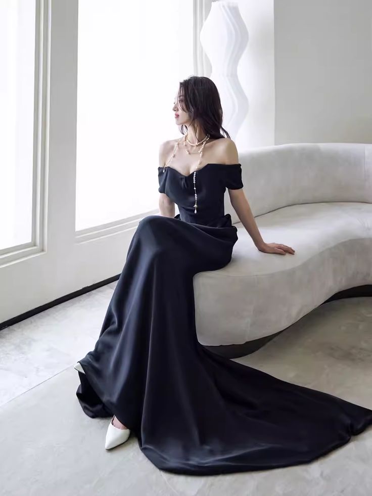 Simple Mermaid Off The Shoulder Black Prom Dresses Evening Dress     fg6846