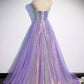 A line Purple Sweetheart Neck Tulle Long Prom Dress, Purple Evening Dress        fg4293