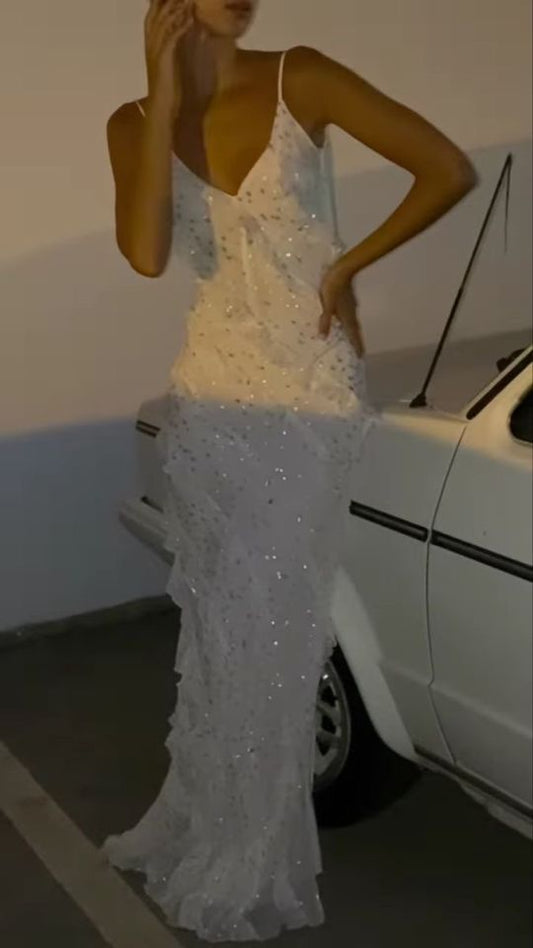 Modest V Neckline White Long Prom Dresses Evening Gown     fg3177