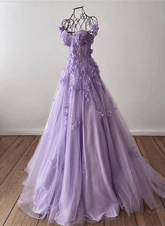 Lilac Sweetheart 3D Flowers Lace Applique Prom Dresses,Tulle Evening Dress          fg3153