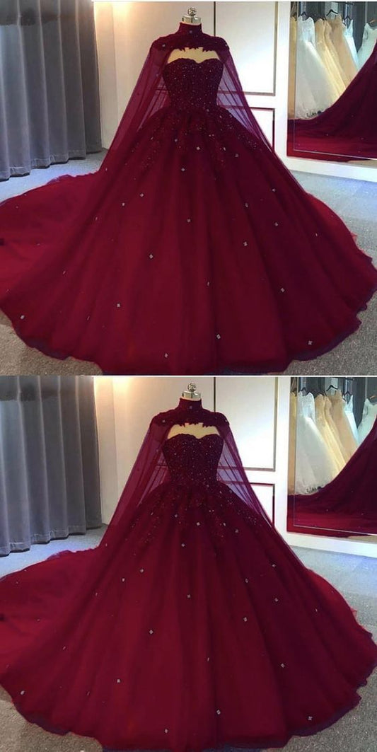 Burgundy Ball Gown Wedding Dress tulle Prom Dresses     fg2871