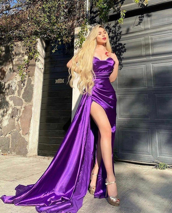 Sexy purple Mermaid Satin Long Prom Dresses Side Slit Long Evening Gowns     fg2999