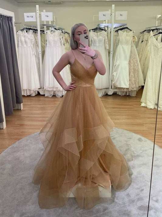 Gold v neck tulle sequin long prom dress gold evening dress   fg2703