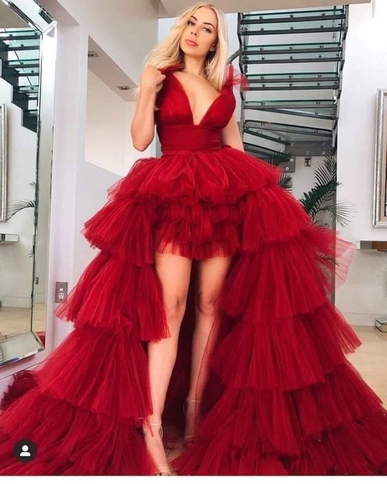 Red tulle high low prom dress     fg1826