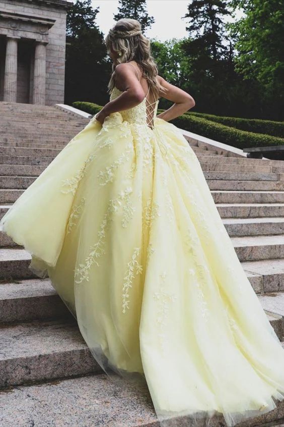Yellow Lace Prom Dresses Long, Formal Dress, Pageant Dance Dresses, School Party Gown      fg2088