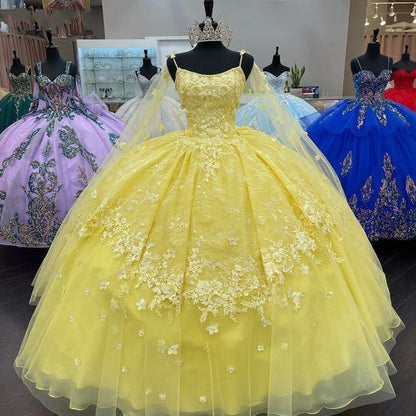 Puffy Quinceanera Dress Sweet 16 Dress With Detachable Cowl Cape Long Ball Gown Yellow Prom Gown     fg2092