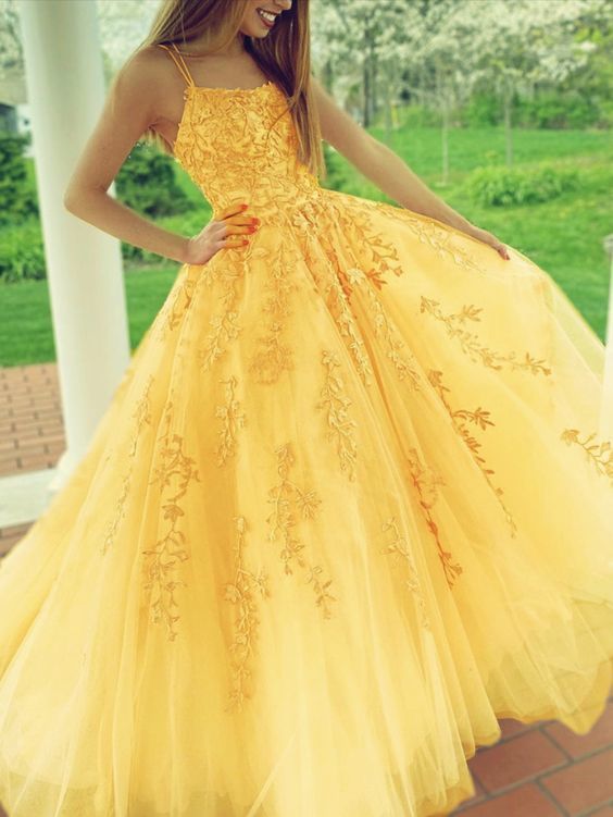 yellow prom dresses lace embroidery ball gown with multi straps       fg2105