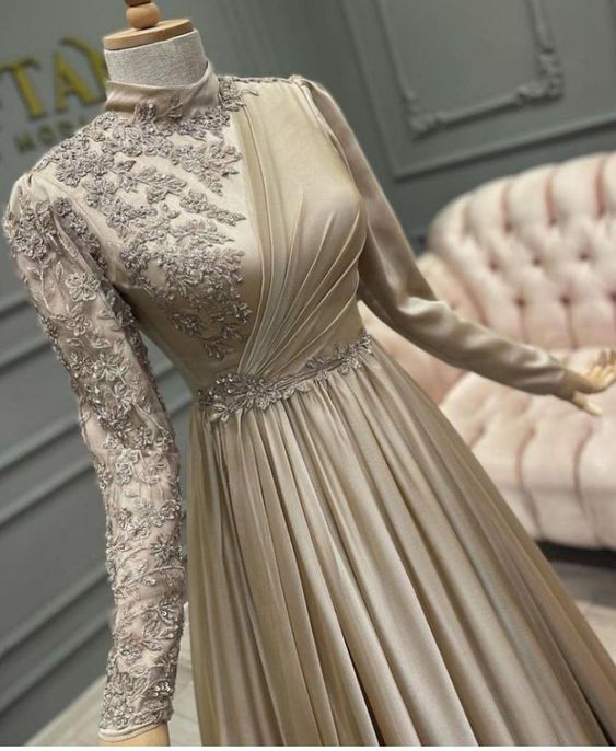 Long Appliques Full Sleeve Muslim Champagne Prom Dress High Neck Saudi Arabic A Line Evening Formal Party Gowns   fg1490