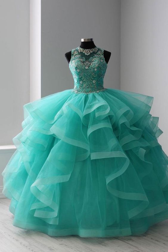 Green round neck tulle beads long prom dress, sweet 16 dress Ball Gown Prom Dresses      fg1417