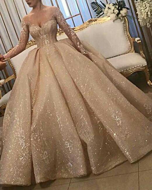 Champagne tulle sequin long prom dress, ball gown evening dress     fg2390