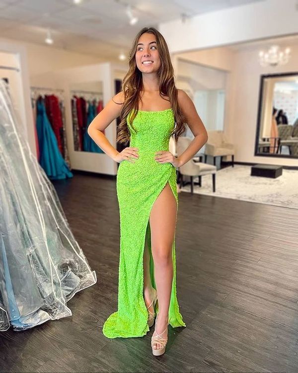 Sparkly Mermaid Scoop Neck Neon Green Prom Dress    fg1262