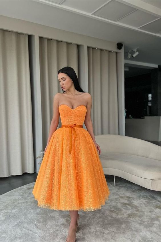 classy orange sweetheart short prom dress sequins     fg1580
