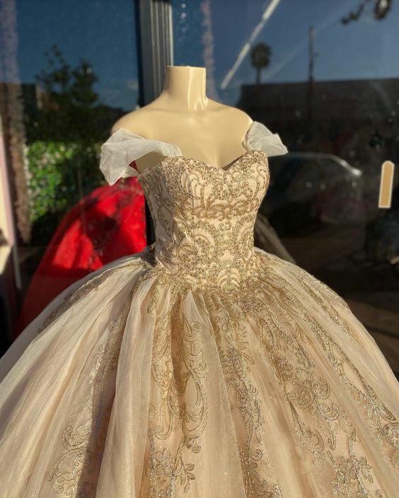 Off Shoulder Champagne Quinceañera Dress Party Ball Gown     fg2474