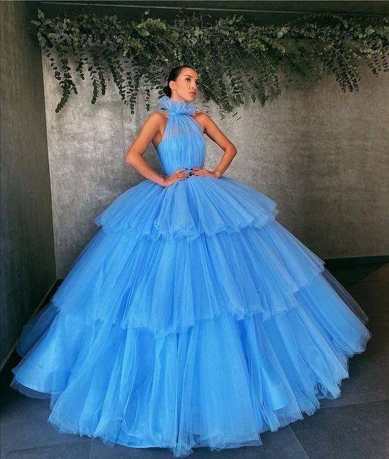 Princess Blue Prom Ball Gown Dresses with Layers Tulle Skirt       fg1231