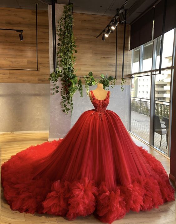 Red prom dress , tulle long A line ball gown dress fashion dress      fg1027