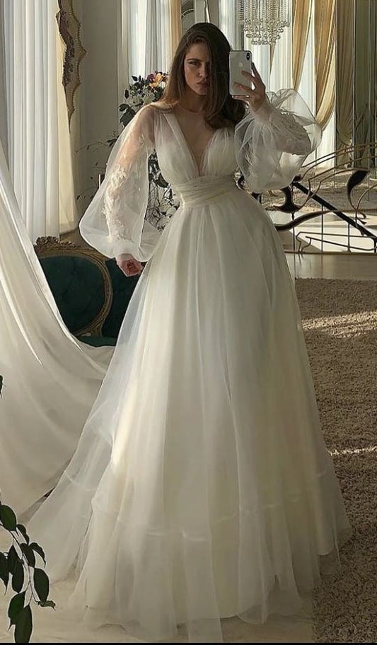 Long Wedding Dresses Tulle Popular Modest Bridal Dresses   fg2545