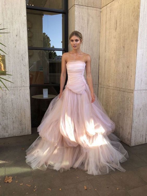 Light pink tulle long prom dress, pink tulle formal dress     fg1020