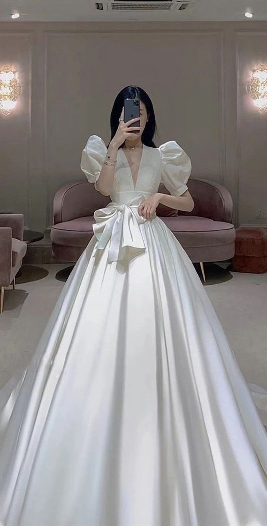V Neck Puff Sleeves Newest Wedding Dresses, Luxury A Line Bridal Gowns Prom Dress    fg2573