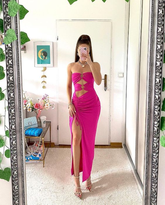 Modest Hot Pink Long Prom Dresses with High Slit,Evening Party Dresses     fg1420