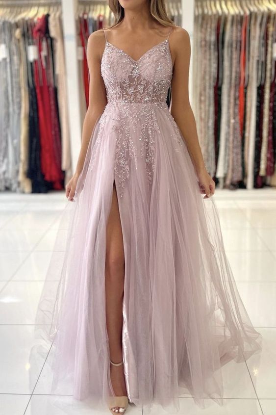 Pink tulle beads long prom dress pink evening dress         fg1897