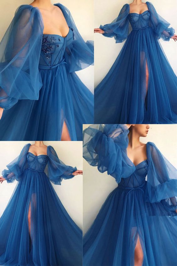 Puff Sleeve Prom Dresses tulle prom dress,evening dress long formal gown      fg2119