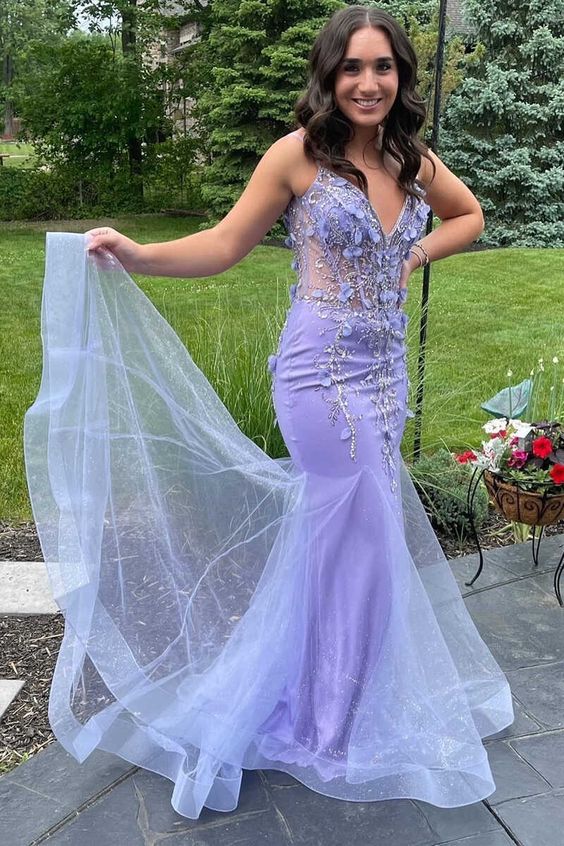 sexy lavender mermaid v-neck sleeveless floor-length appliques prom dresses    fg1529