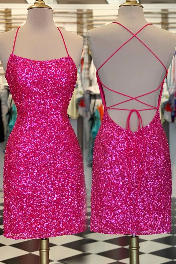 Neon Pink Sequin Bodycon Mini Homecoming Dresses  fg1555