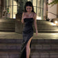 Simple black prom dress with split      fg2274