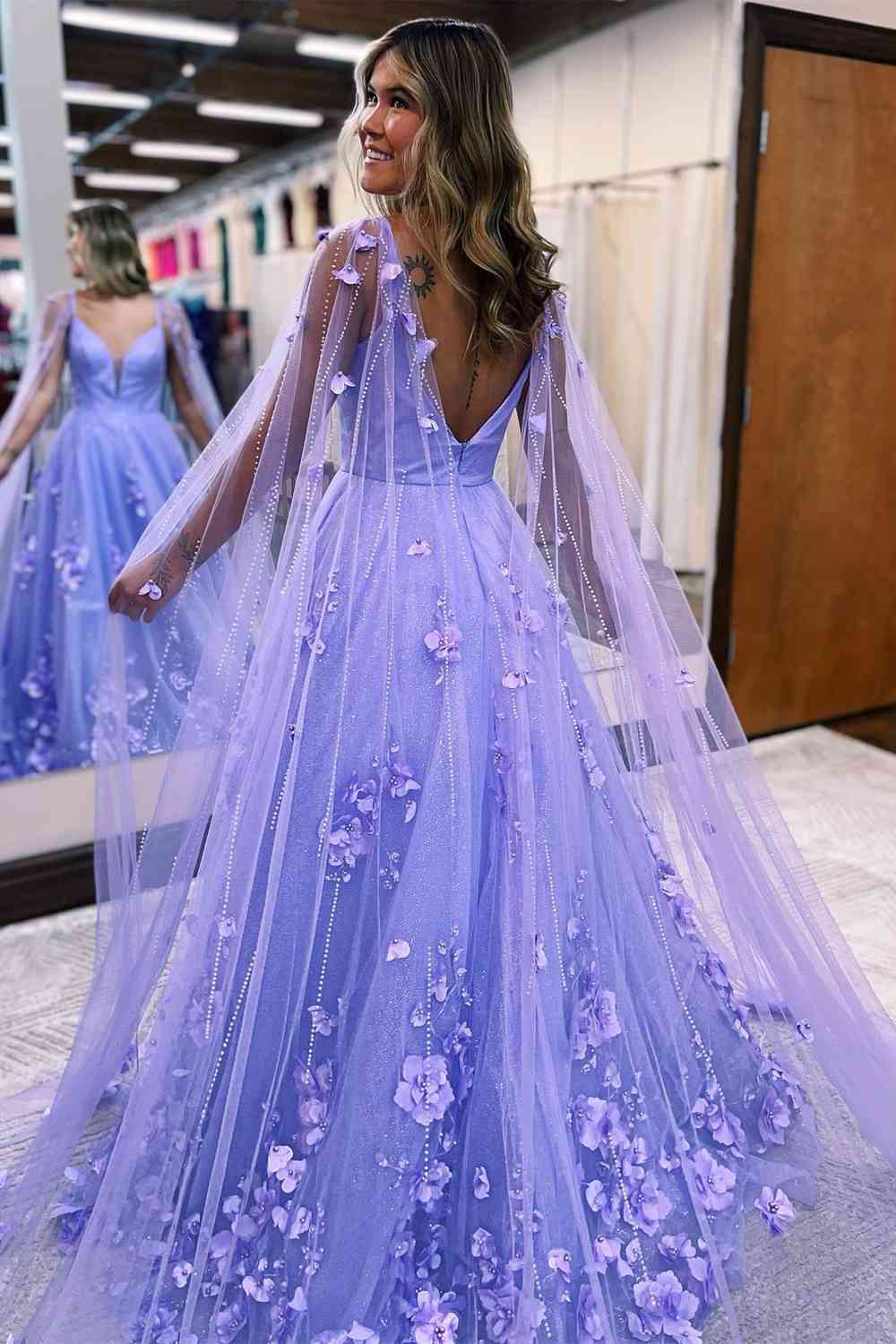 Princess Lavender 3D Flowers Tulle Formal Dress with Cape    fg3294