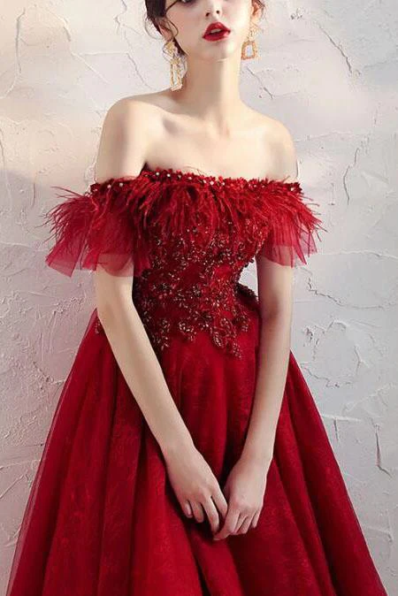 Burgundy Off The Shoulder Knee Length Homecoming Dress With Beading, A Line Dress     fg2553