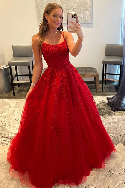 Red Spaghetti Straps Long Prom Dress with Appliques       fg2376