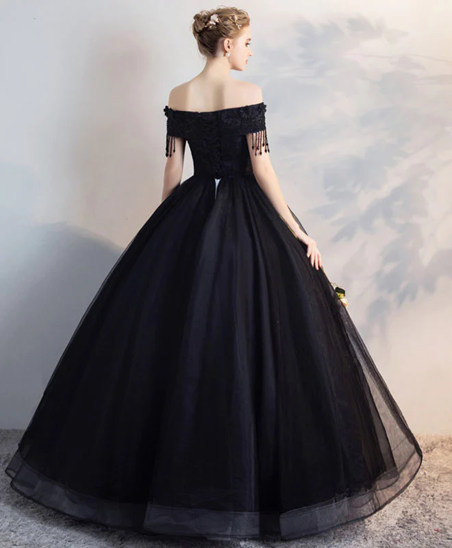 Black Off Shoulder Lace Tulle Long Prom Dress, Black Evening Dress      fg2629