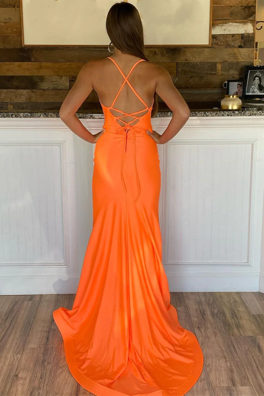 Orange Straps Satin Mermaid Long Prom Dress    fg2800