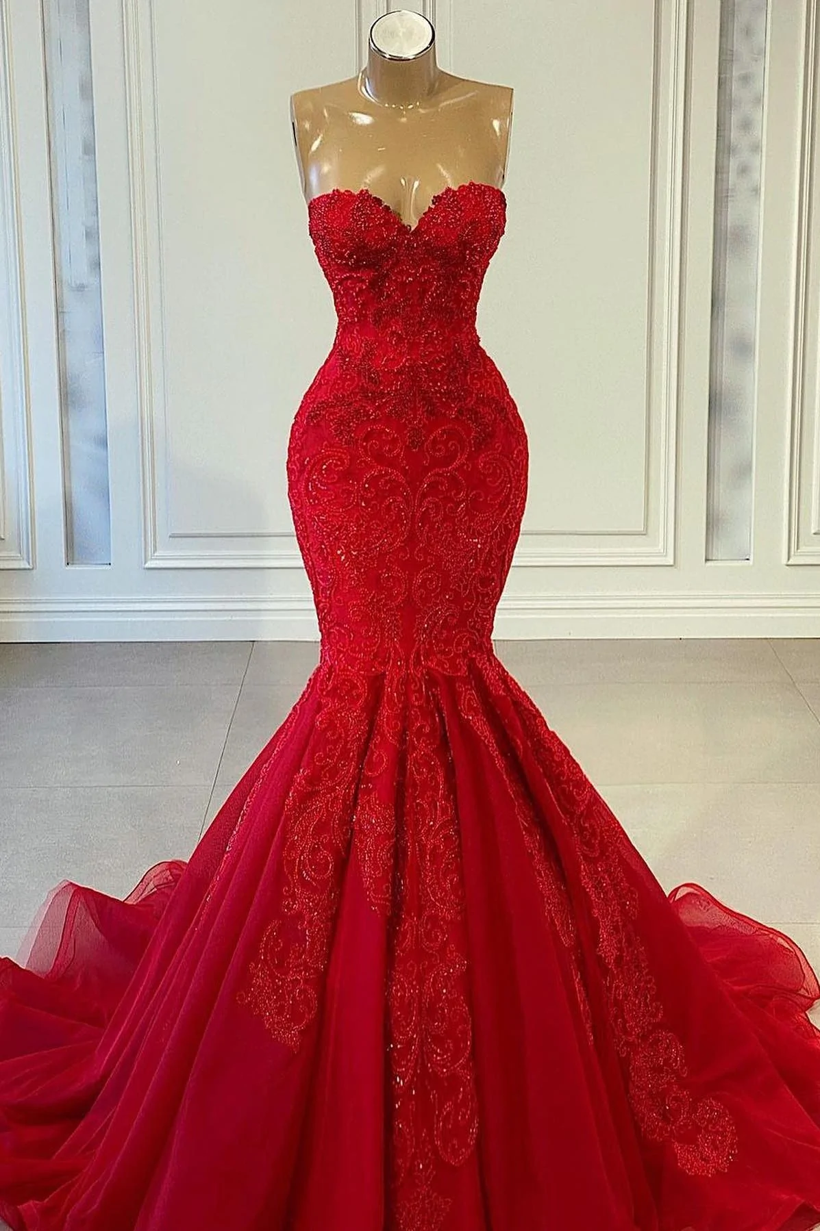 Exquisite Red Sequins Sweetheart Sleeveless Mermaid Prom Dresses     fg2890