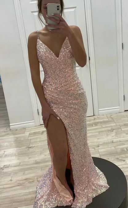 Pink sequins long prom dress mermaid evening dress  fg1251