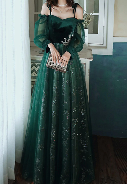 Dark Green Tulle Stunning Sequin Spaghetti Straps Prom Dress, Green Party Dress    fg1046