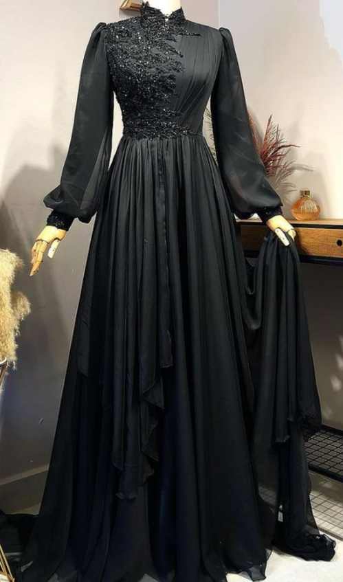 Black Prom Dress Long Sleeves Dubai Evening Dresses Muslim Women Wedding Party Gowns    fg1499