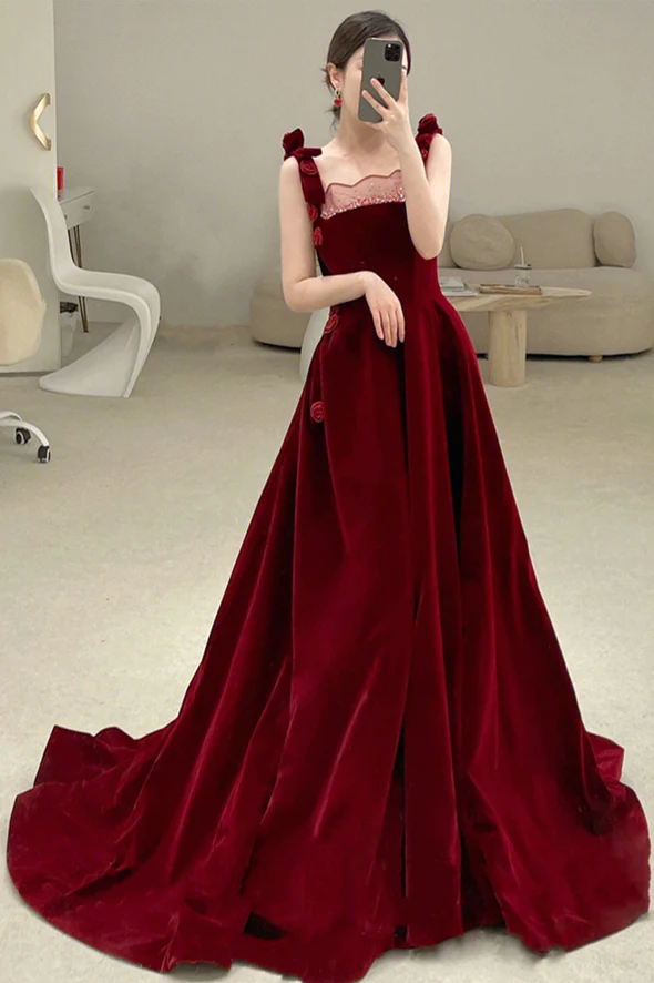 Burgundy velvet long prom dress A-line evening dress      fg2223