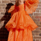 A-Line/Elegant Organza Off-the-Shoulder Layers Long Sleeves Floor-Length Prom Dresses    fg1505