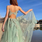 Green tulle lace long prom dress, green tulle lace formal dress     fg1857
